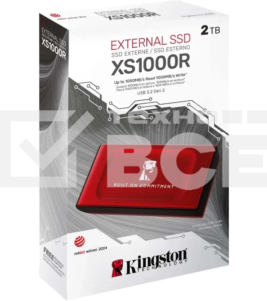 Внешний SSD Kingston XS1000, 2TB, USB 3.2 Gen 2 Type-C, R/W 1050/1000, красный