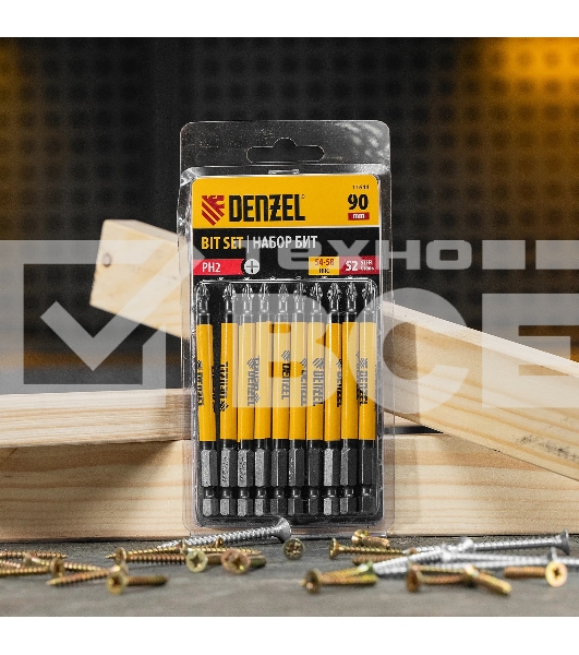 Набор бит Denzel PH2х90, сталь S2, круглый профиль, 10 шт.