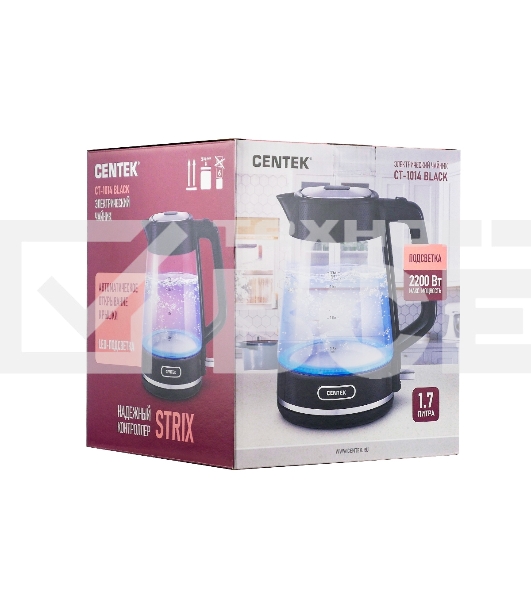 Чайник Centek CT-1014 (черный) стекло 1.7л, 2200Вт, LED, Защита от перегрева, STRIX контроллер