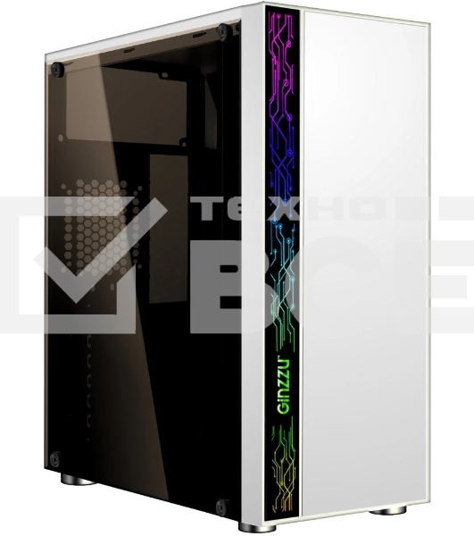Компьютерный корпус Ginzzu A390 белый Window RGb подсветка 1хUSB 3.0, 2хUSB 2.0, AU
