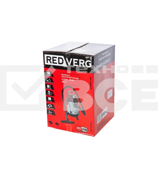 Пылесос строительный RedVerg RD-VC18/U черный, 400 Вт, уборка сухая/сбор воды, питание от аккумулятора, пылесборник мешок/контейнер, 20 л