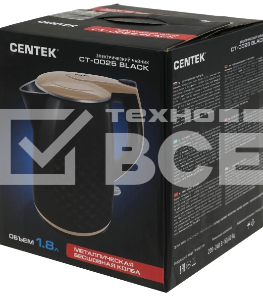 Чайник электрический Centek CT-0025 черный металл 1.8л, 1800W, двойные стенки, кнопка вкл. на ручке