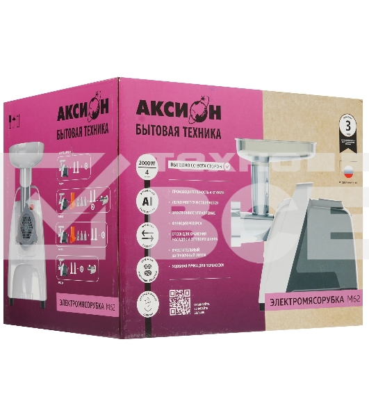 Мясорубка электрическая Аксион М62.01 черный, 2000 Вт, 4.0 кг/мин, реверс, защита от перегрузки, насадки - 4