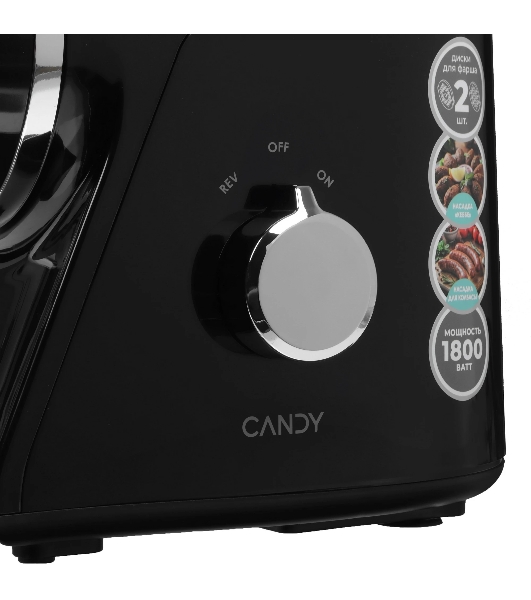 Мясорубка электрическая Candy CG-102 черный, 1800 Вт, 2.4 кг/мин, реверс, защита от перегрузки, металлический лоток, насадки - 5