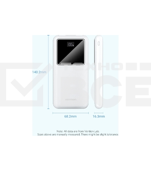 Внешний аккумулятор Vention 10000mAh(M/C-A/A)22.5W Белый с LED Дисплеем