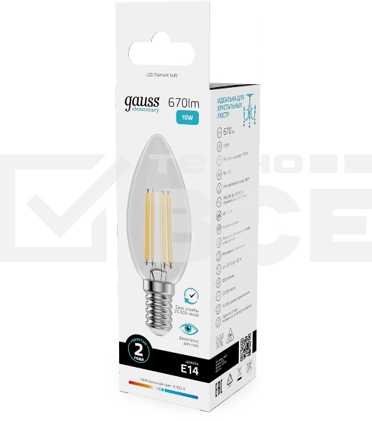 Лампа филам. Gauss Filament 10Вт цок.:E14 свеча св.свеч.бел.нейт. (упак.:10шт) (32120)