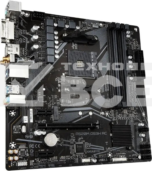 Материнская плата Gigabyte A520M DS3H AC, AM4, AMD A520, 4xDDR4, 4xSATA, 1xM.2, 1xPCIe 3.0 x16, 2xPCIe x1, 1xHDMI, 1xDP, 1xDVI-D, 1x 1Gb LAN, Wi-Fi, Bluetooth, 4xUSB-A 3.2 Gen 1, 2xUSB-A 2.0, 3x3.5 мм, 7.1, mATX