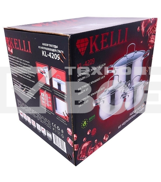 Набор посуды KELLI KL-4209 6 пред. Кастрюля с жаропрочной стекл. крышкой 2.1 л. Кастрюля с жаропрочной стекл. крышкой 3 л. Кастрюля с жаропрочной стекл. крышкой 4 л. Высококачественная нерж. сталь 18/10. 5-ти слойное капсульное дно.