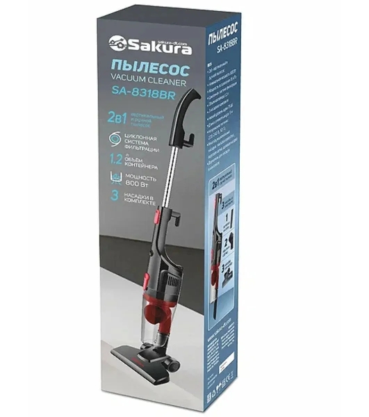 Пылесос вертикальный Sakura SA-8318BR черный/красный, питание от сети, 210 Вт, уборка сухая, пылесборник 1,2 л