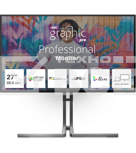 Монитор 27' AOC U27U3CV Nano IPS 3840x2160, 60 Гц (75 Гц макс.), 4 мс, 16:9, 400 кд/м², 2×HDMI 2.0, DP 1.4, USB-C (96 Вт PD), USB Hub (4×USB 3.2 Gen2 + 1×USB-C), RJ-45, 3.5 Jack, динамики (2×3 Вт), DisplayHDR 400, Adaptive-Sync, KVM, черный