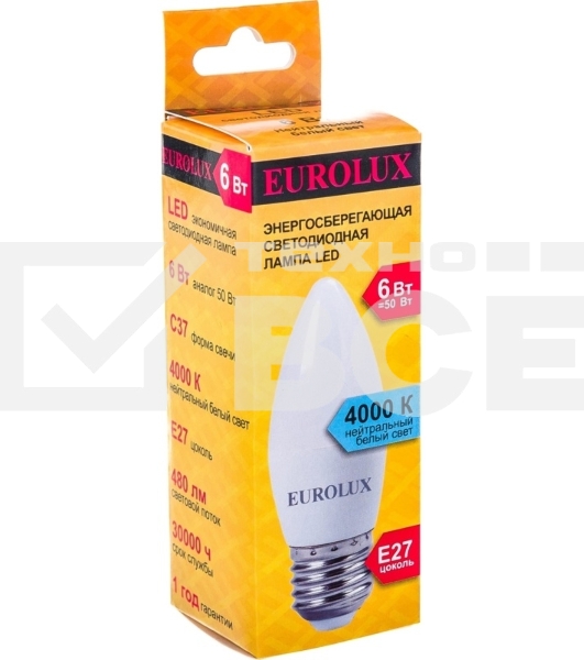 Лампа светодиодная EUROLUX LL-E-C37-6W-230-4K-E27 свеча