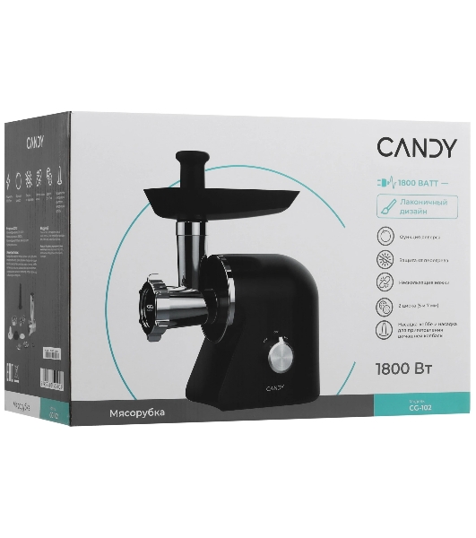 Мясорубка электрическая Candy CG-102 черный, 1800 Вт, 2.4 кг/мин, реверс, защита от перегрузки, металлический лоток, насадки - 5