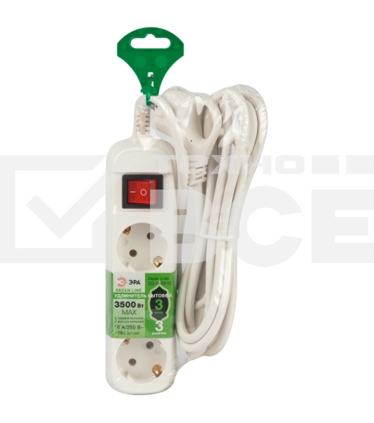 Удлинитель электрический ЭРА UDL-16-330-ES Greenline 3 розетки с заземлением с выключателем 3м ПВС 3x1мм2