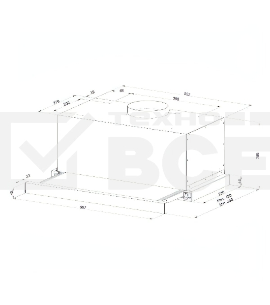 Вытяжка встраиваемая Kuppersberg SLIMLUX 60 W, ширина 55,2 см, отвод/рециркуляция, 550 м3/час, механическое кнопочное управление, 3 скорости, светодиодное освещение 2х2 Вт, металлические жироулавливающие фильтры, угольный фильтр KF-Y (опция), белый