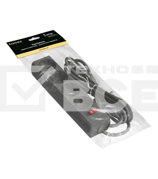 Удлинитель ExeGate EC-4-3B (EX279397RUS), черный, 3 м, евровилка с заземлением, 4 евророзетки с заземлением, 2200 Вт