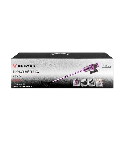 Пылесос вертикальный BRAYER BR4272 фиолетовый, питание от сети, 185 Вт, уборка сухая, пылесборник 0,8 л