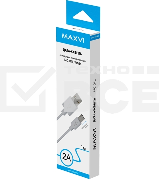 Кабель Maxvi MC-01L white USB-A - microUSB, 2A ток макс. нагрузки 2А, макс. напряжение 5V; стандарт USB 2.0; длина разъема microUSB 8,9 мм, длина кабеля 1м, материал PVC, белый