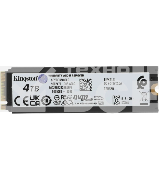 Накопитель SSD Kingston Fury Renegade, 4Tb, PCIe 4.0 x4, M.2 2280, NVMe, R/W 7300/7000, с радиатором