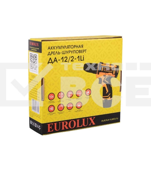 Дрель-шуруповерт Eurolux ДА-12/2-1Li, Аккумуляторная, 12В