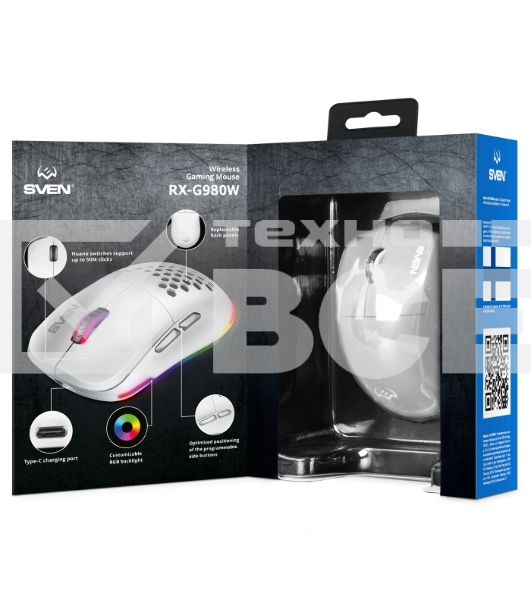 Мышь беспроводная SVEN RX-G980W белая (6+1кл. 50-26000 DPI, ПО, RGB-подсветка, игров. упак)