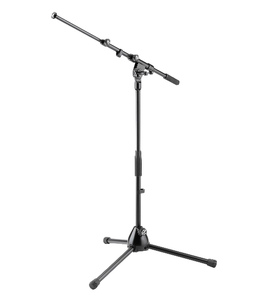 Низкая микрофонная стойка K&M 25900-300-55 высота от 425 до 645 мм, длина стрелы от 435 до 745 мм, металлические узлы, складная конструкция, материал стойки - сталь, цвет черный