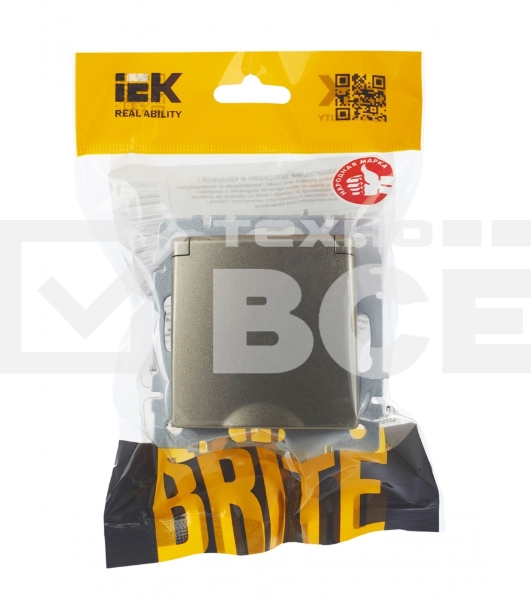 Розетка 1-местная BRITE IEK РСбш10-3-БрШ (BR-R16-16-K37) с заземлением, с защитными шторками и крышкой, 16А, IP20, шампань