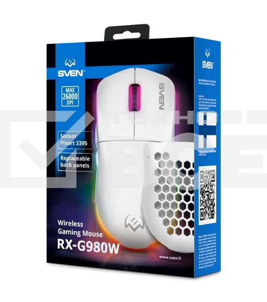 Мышь беспроводная SVEN RX-G980W белая (6+1кл. 50-26000 DPI, ПО, RGB-подсветка, игров. упак)