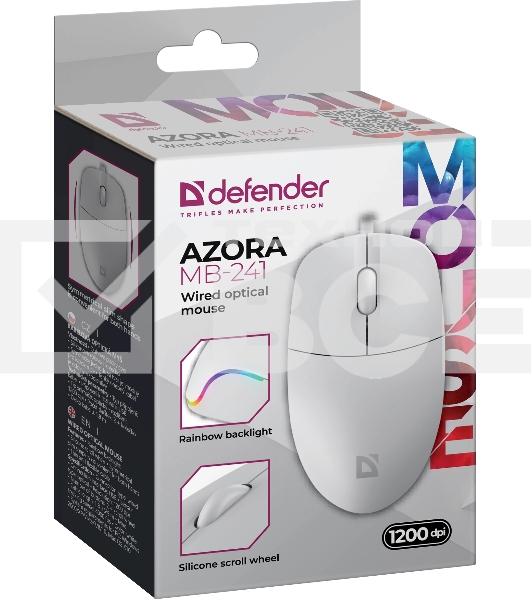 Мышь проводная Defender Azora MB-241 белый, 1200 dpi, USB, кнопки - 3