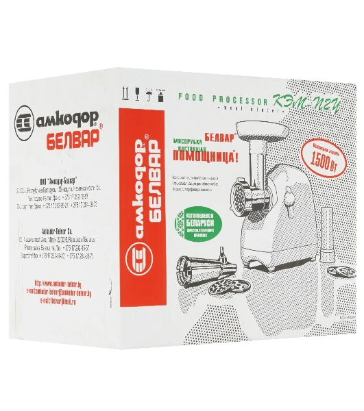 Мясорубка электрическая Белвар КЭМ-П2У-302-10 белый, 1500 Вт, 0.4 кг/мин, реверс, защита от перегрузки, насадки - 5
