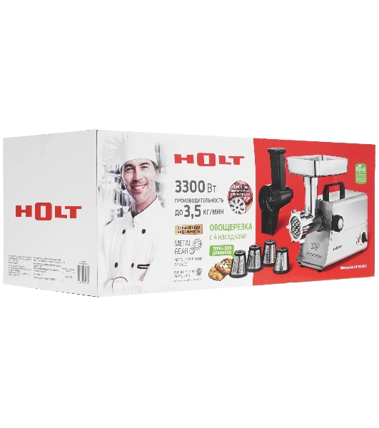 Мясорубка электрическая HOLT HT-MG-010 серый металлик, 3300 Вт, 3.5 кг/мин, реверс, насадки - 4