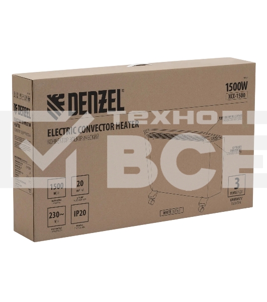 Конвектор Denzel XCE-1500 белый, 1500 Вт, 20 м2, термостат