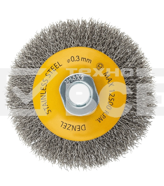 Щетка для УШМ Denzel 100 мм, М14, тарелка, витая нержавеющая проволока 0,3 мм