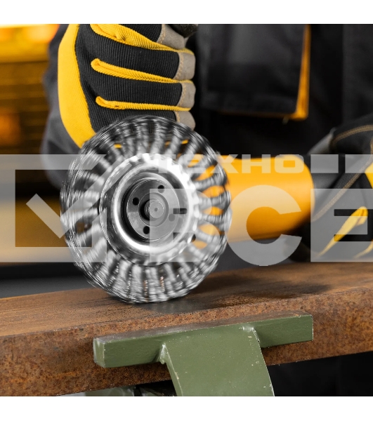 Щетка для УШМ Denzel 125 мм, плоская, крученая нержавеющая проволока 0,5 мм, посадка 22,2 мм