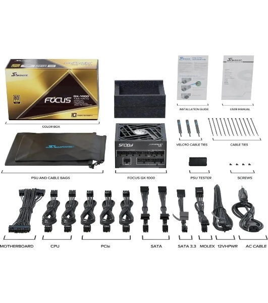 Блок питания Seasonic ATX 1000W Focus GX-1000 80 PLUS gold (20+4pin) APFC 135мм fan 10xSATA Cab Manag RTL