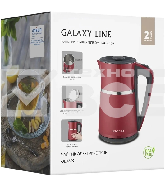 Чайник электрический Galaxy Line GL 0339, красный, пластик, 2200 Вт, 1,7 л