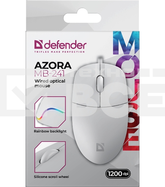Мышь проводная Defender Azora MB-241 белый, 1200 dpi, USB, кнопки - 3