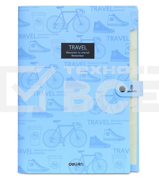 Папка-портфель Deli 5737 на кнопке 8 отделений, A4, пластик, ассорти