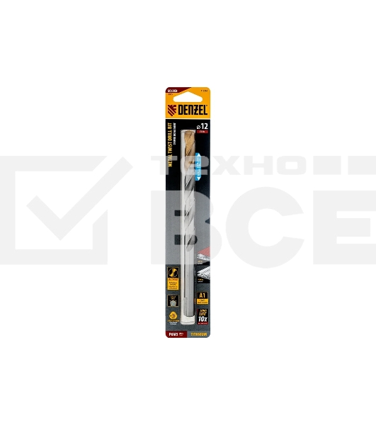 Сверло спиральное по металлу Denzel 12 x 205 мм, Р6М5, Golden Tip, удлиненное