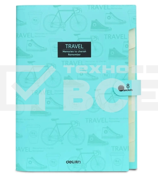 Папка-портфель Deli 5737 на кнопке 8 отделений, A4, пластик, ассорти