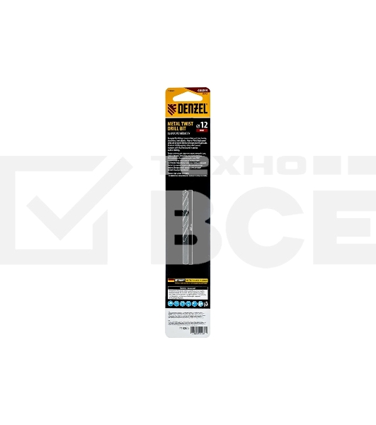 Сверло спиральное по металлу Denzel 12 x 205 мм, Р6М5, Golden Tip, удлиненное