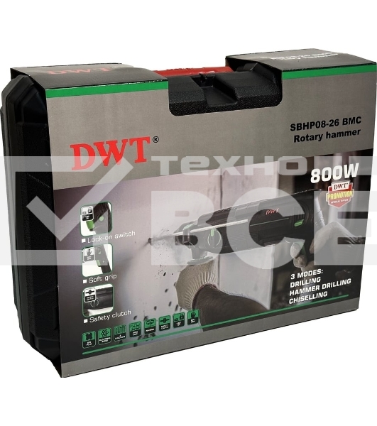 Перфоратор сетевой DWT SBHP08-26 BMC /800 Вт/3.7 Дж/до 5530 уд.в мин/до 1350 об.в мин/SDS-Plus/морозостойкий кабель/кейс/черный (SBHP08-26 BMC)
