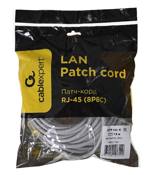 Патч-корд UTP Cablexpert PP6U-15M cat.6, 15м, литой, многожильный, серый