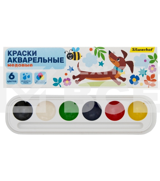 Краски акварельные Silwerhof 961139-06 Веселые друзья медовые 6цв. без кисти картон.кор.