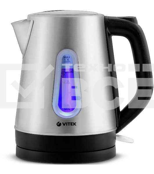 Чайник электрический Vitek VT-7038(ST) Мощность 2200 вт. Объем 1,7 л.Тип нагревательного элемента скрытый.