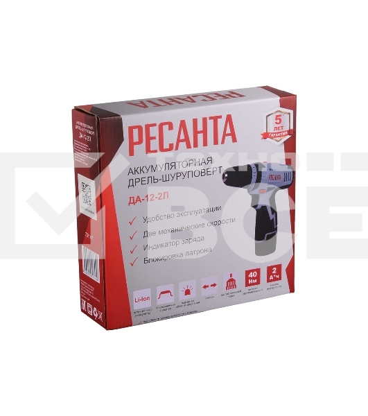 Дрель-шуруповерт аккумуляторная Ресанта ДА-12-2Л 75/14/1, Аккумуляторная, 12В