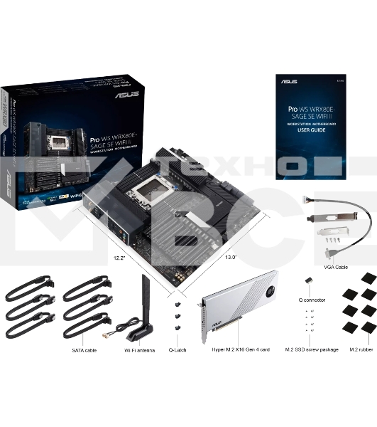 Материнская плата ASUS Pro WS WRX80E-SAGE SE WIFI II, sWRX8, AMD WRX80, 8xDDR4, 8xSATA, 3xM.2, 7xPCI-E 4.0 x16, 2xRJ-45 10Gb, 8xUSB 3.2 Gen 2, 1xUSB 3.2 Gen 2, 1xUSB 3.2 Gen 2x2, 5x3.5 мм, 7.1, E-ATX