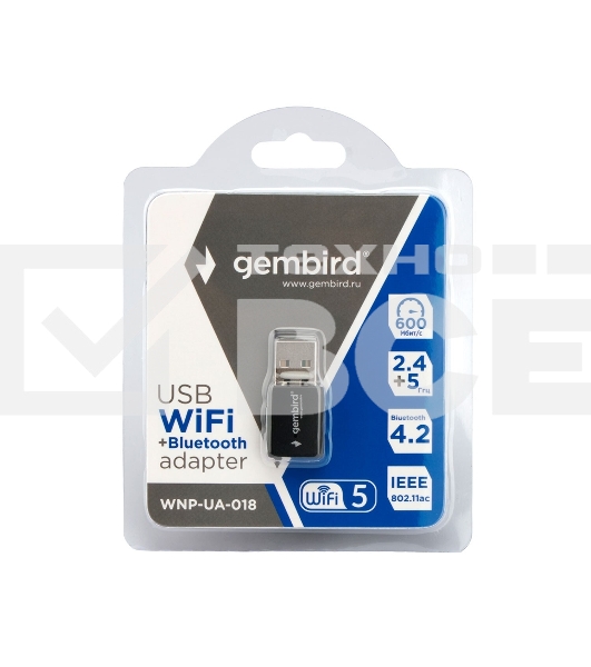 Сетевой адаптер WiFi+Bluetooth Gembird WNP-UA-018 двухдиапазонный мини, 600 Мбит, USB, 802.11b/a/g/n/ac
