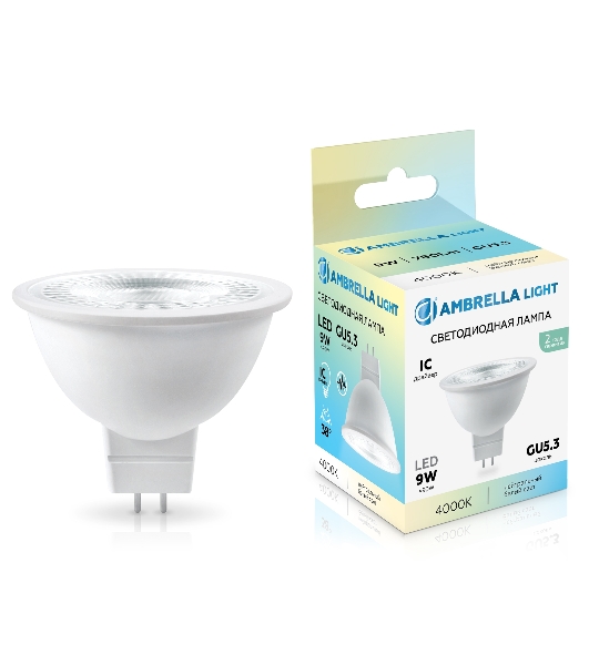 Лампа светодиодная	Ambrella light 170904 LED MR16 9W IC GU5.3 4000K 175-265V 38°