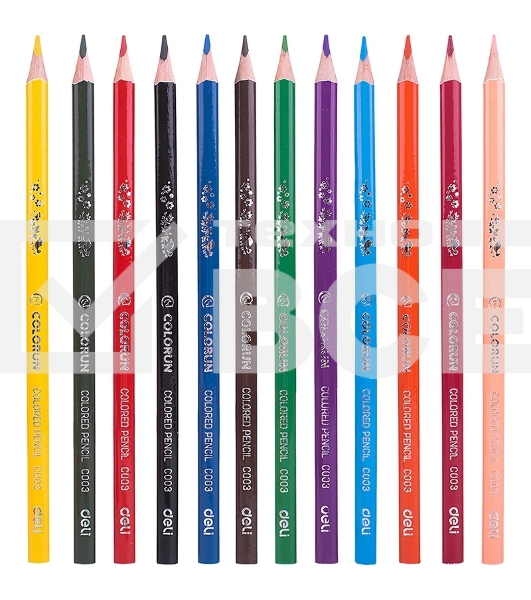 Карандаши цветные Deli EC00300 ColoRun, трехгранный профиль, тополь, 12 цветов, коробка с европодвесом