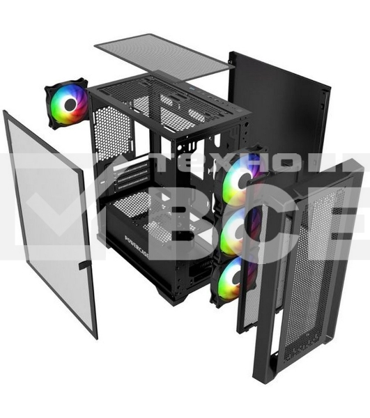 Компьютерный корпус Powercase ByteFlow Micro Black, Tempered Glass, 4х 120mm ARGB fans, ARGB HUB, чёрный, mATX  (CAMBFB-A4)